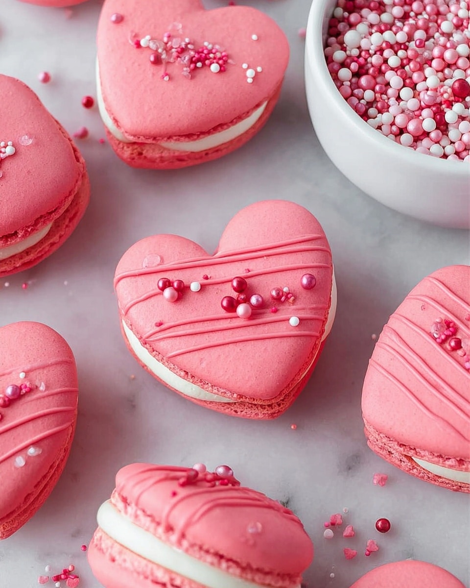 A white plate filled with bright pink heart-shaped macarons neatly stacked in a pile. Each macaron has two smooth pink layers with a thick white cream filling in between. A few macarons are decorated with a thin line of pink icing and small white and pink round sprinkles across the top. The plate is on a white marbled surface, with a soft pink and white patterned cloth in the background. Some macarons and sprinkles are scattered outside the plate around the surface. photo taken with an iphone --ar 4:5 --v 7