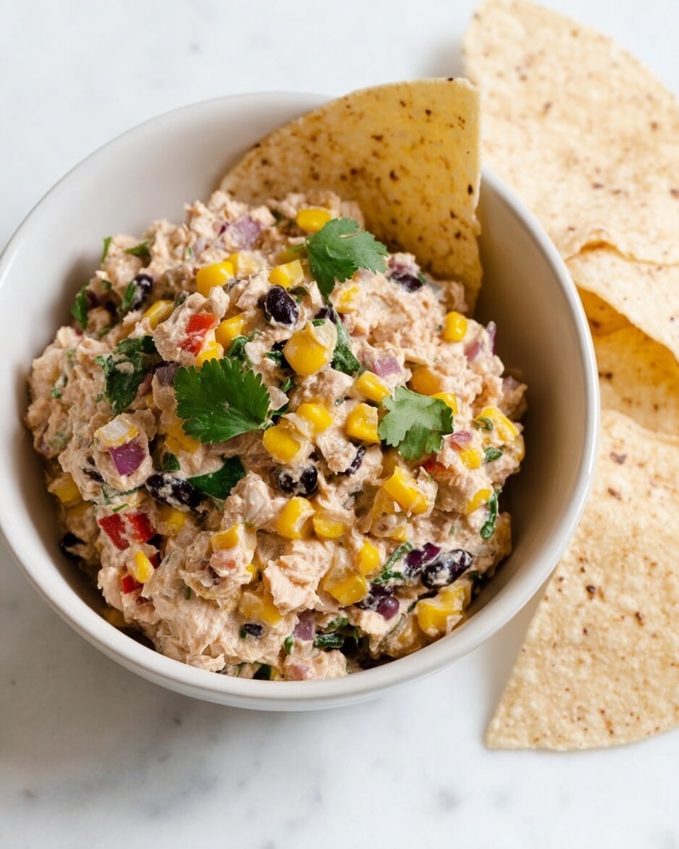 A white bowl holds a mixed dip featuring three main textured layers: a creamy beige base blended with small chunks of tuna, bright yellow corn kernels scattered throughout, and whole black beans adding dark spots; bits of red onion and red bell pepper pieces are mixed evenly, with green cilantro leaves on top adding a fresh touch; on the side of the bowl, several pale, slightly speckled white tortilla chips rest partially leaning against the dip, all set on a white marbled surface. photo taken with an iphone --ar 4:5 --v 7