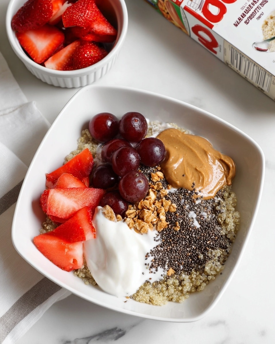 A white square bowl filled with a base layer of creamy cooked quinoa with visible black and white grains, topped with several layers of ingredients arranged separately: fresh red strawberry slices on the left, dark red grapes next to them, a dollop of white yogurt on the upper right, a spread of light brown peanut butter below the yogurt, and a dark chia seed mixture between the peanut butter and strawberry layers, all sprinkled lightly with granola pieces. In the background, a white ramekin holds extra strawberry slices and grapes, and a box of quinoa is partially visible on a white marbled surface. photo taken with an iphone --ar 4:5 --v 7