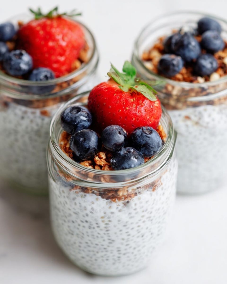 Three clear glass jars are filled mostly with a white chia pudding that has tiny black seeds mixed throughout, making it look speckled. On top of each jar is a layer of small blueberries and granola pieces, adding a mix of dark blue and light brown colors with a crunchy texture. A large, bright red strawberry with green leaves sits on top of the blueberries in the jar in the front, giving a fresh and colorful finish. The jars are placed on a white marbled surface, creating a clean and bright background. photo taken with an iphone --ar 4:5 --v 7