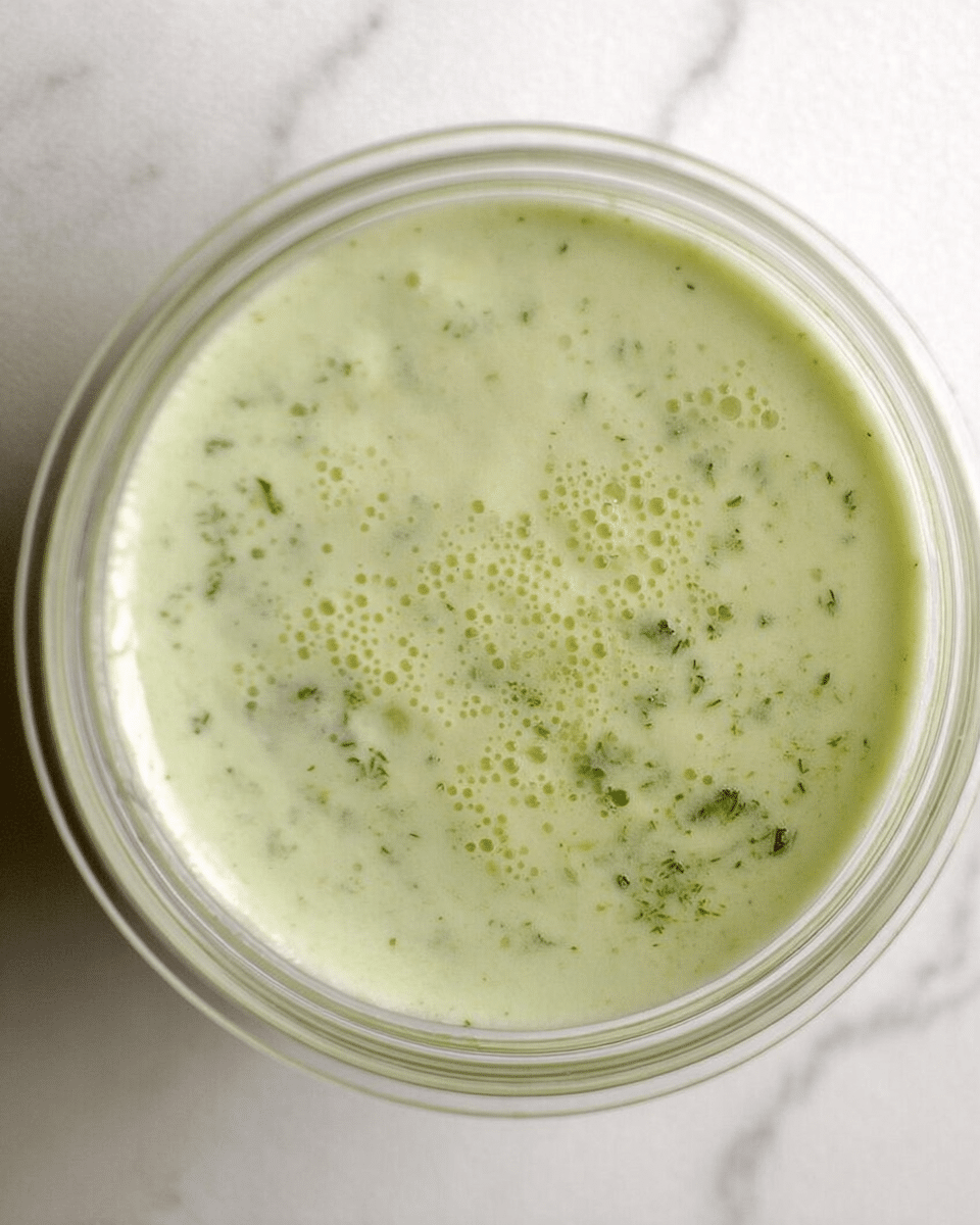 This image shows a close-up top view of a clear container filled with light green creamy sauce, dotted with tiny green herbs throughout. The sauce has a smooth texture with small bubbles on the surface. The container edges are visible, and the background features a white marbled texture. Photo taken with an iphone --ar 4:5 --v 7