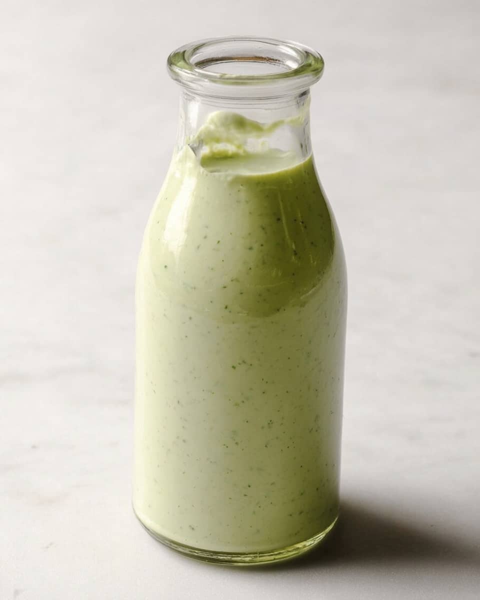 A clear glass bottle filled with a thick, light green creamy sauce that has small flecks of darker green herbs evenly spread throughout. The sauce fills the bottle almost to the top, showing a smooth, slightly textured surface with a few visible clumps mixed in. The bottle sits on a white marbled surface, with soft lighting that creates gentle shadows around the base, emphasizing the sauce’s creamy density. photo taken with an iphone --ar 4:5 --v 7