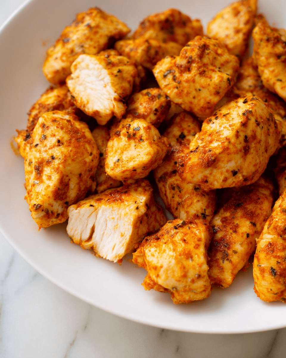 A white plate filled with pieces of cooked chicken, each piece coated in a golden-orange spice mix with visible black pepper and herbs particles, showing a slightly crispy texture. The chicken pieces vary in shape and size, with some whole and others cut to reveal the white, juicy interior meat. The chicken pieces are closely packed, with no visible sauce or garnish, placed on a white marbled surface. photo taken with an iphone --ar 4:5 --v 7