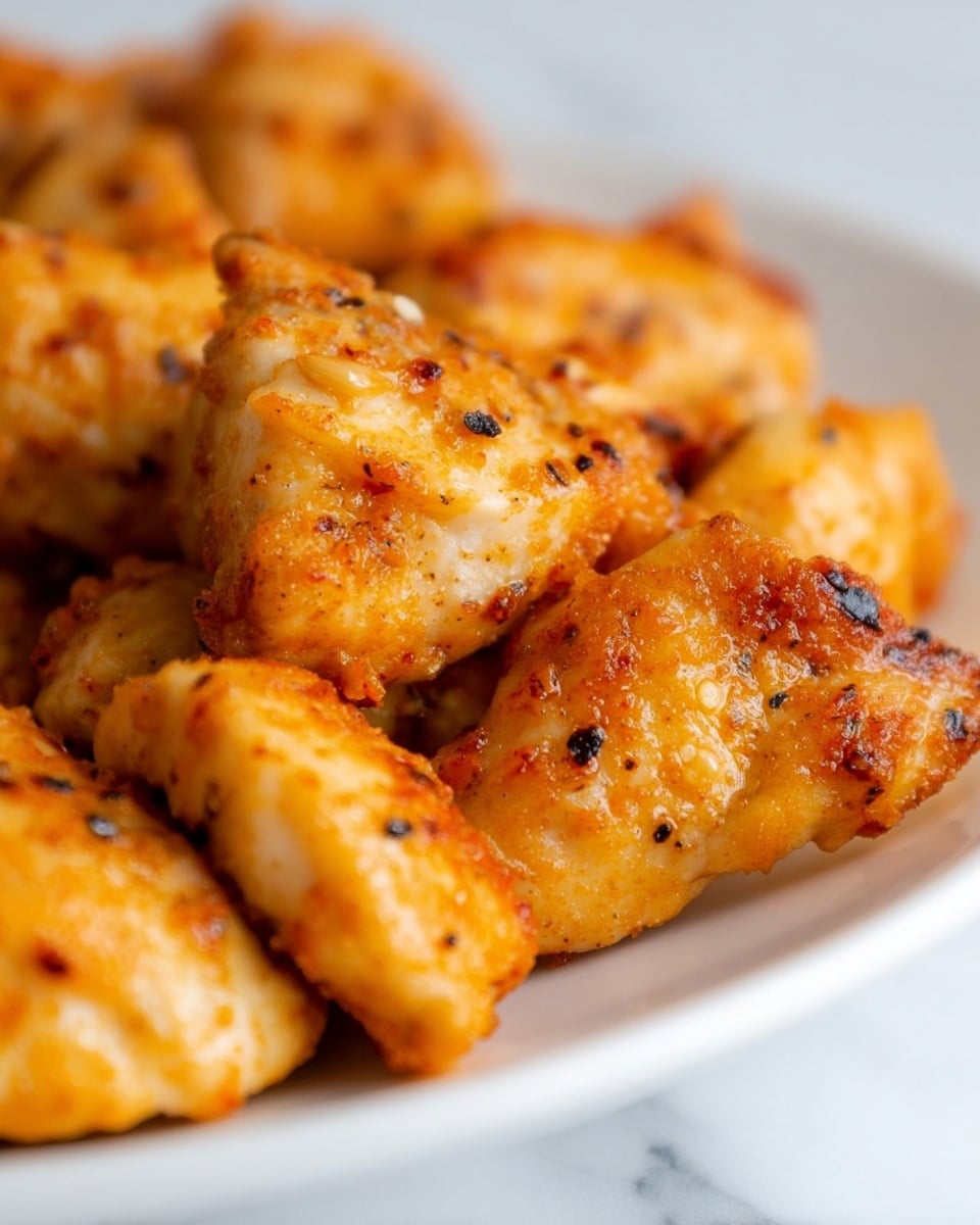 This image shows several small, golden-brown pieces of cooked chicken with a slightly crispy texture. Each piece is coated in a reddish-orange seasoning with visible black pepper flakes and small spices. The chicken pieces are layered close together inside a white plate, with the focus on the forefront pieces while the background pieces are softly blurred. The overall look is warm and appetizing, placed on a white marbled surface. photo taken with an iphone --ar 4:5 --v 7