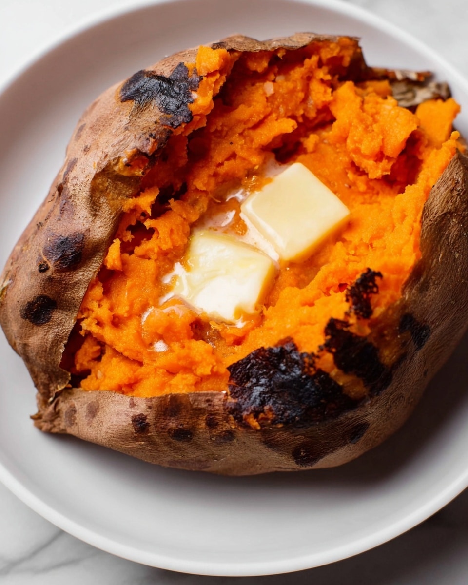 A baked sweet potato is opened with its skin dark and slightly charred, forming a rough outer layer around a bright orange soft mashed inside. At the center of the mashed orange flesh lies a square of melting pale yellow butter, blending gently with the texture. The potato rests on a clean white plate placed on a white marbled surface, giving the dish a fresh and simple look. photo taken with an iphone --ar 4:5 --v 7