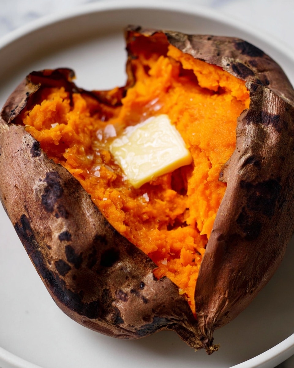 A close-up of a baked sweet potato split open on a white plate with a white marbled texture background. The potato has a dark brown, slightly charred outer skin with a rough texture. Inside, the bright orange soft flesh is mashed and fills the open cavity. In the center of the mashed sweet potato, there is a square piece of soft, melting butter that is beginning to blend into the flesh. Photo taken with an iphone --ar 4:5 --v 7