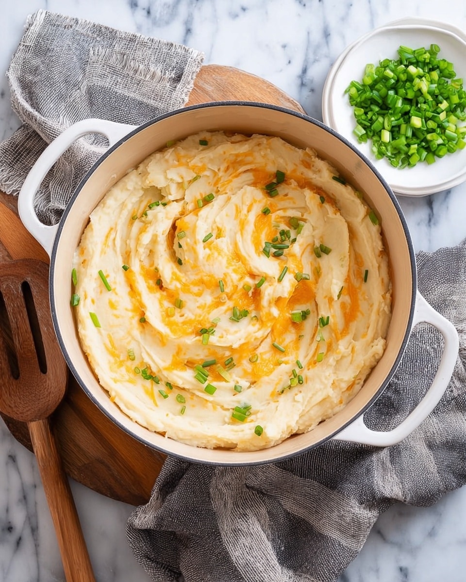 A white pot filled with creamy mashed potatoes showing swirls of melted orange cheese mixed in, sprinkled with small chopped green onions on top. Next to the pot, a small white plate holds more chopped green onions, placed on a wooden board. A wooden spatula rests near the pot, and a gray and white striped cloth is draped beside it, all set on a white marbled surface. photo taken with an iphone --ar 4:5 --v 7