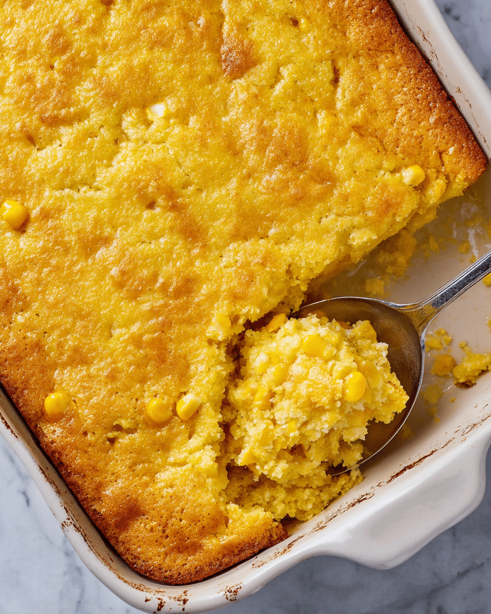 The image shows a close-up of a casserole dish filled with baked corn pudding. The pudding has a golden-yellow crust that looks soft and slightly crumbly with visible corn kernels scattered throughout. The top layer appears uneven with a lightly browned edge, indicating it was baked until golden. A silver spoon is scooping out a large portion from one corner, revealing the moist, dense interior that maintains small pieces of corn. The dish is rectangular with white enamel sides, set against a white marbled surface. Photo taken with an iphone --ar 4:5 --v 7