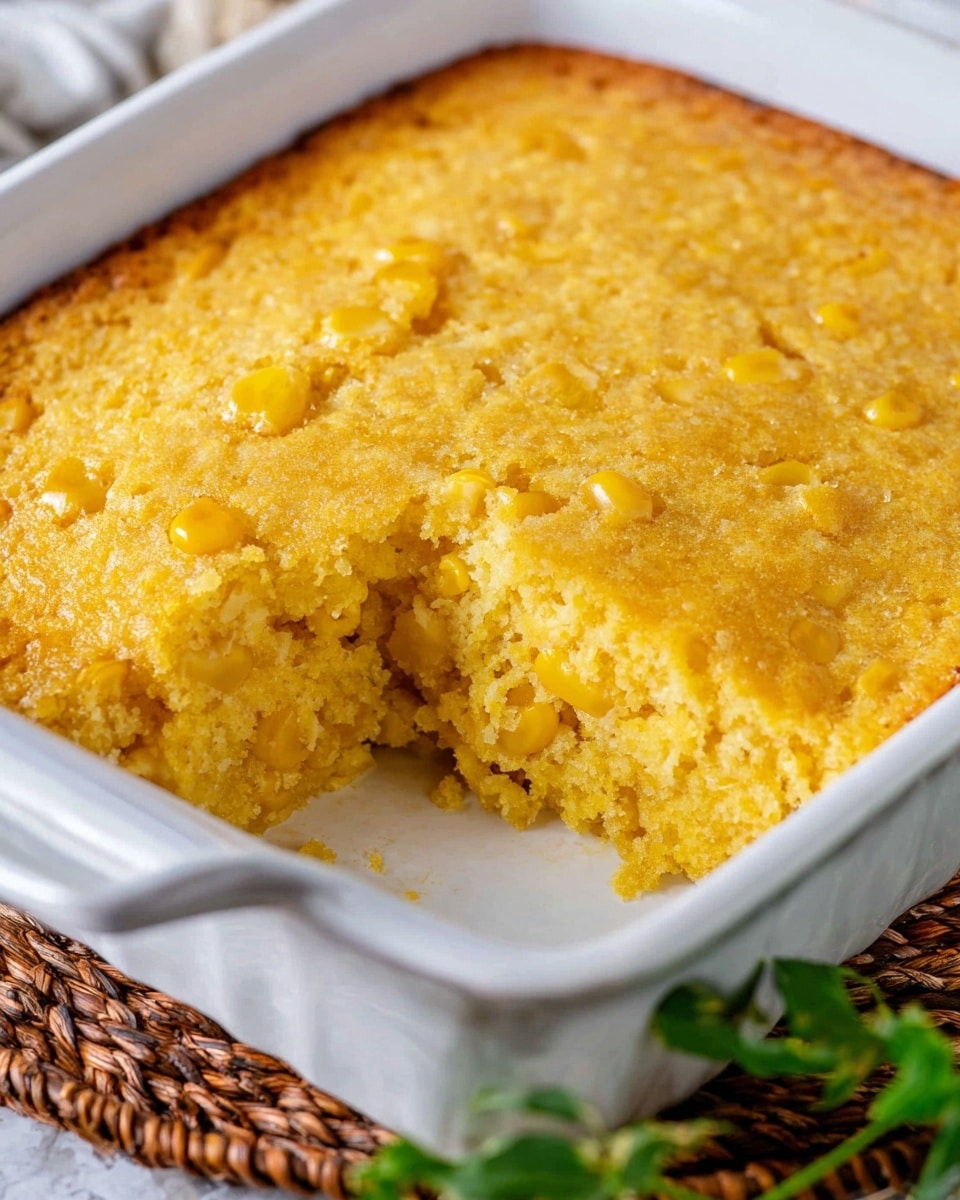 A white baking dish filled with a golden yellow corn casserole that has a soft and crumbly texture; the top layer is a slightly browned crust with visible whole corn kernels scattered throughout, while the inside shows a moist, dense, and creamy yellow layer with more corn pieces embedded; a portion has been scooped out from the front right corner, revealing the thick, rich interior and the smooth white base of the dish underneath; the dish sits on a textured white marbled surface with a woven mat partially visible underneath on the left side, and some green herb leaves slightly out of focus near the bottom right corner; photo taken with an iphone --ar 4:5 --v 7