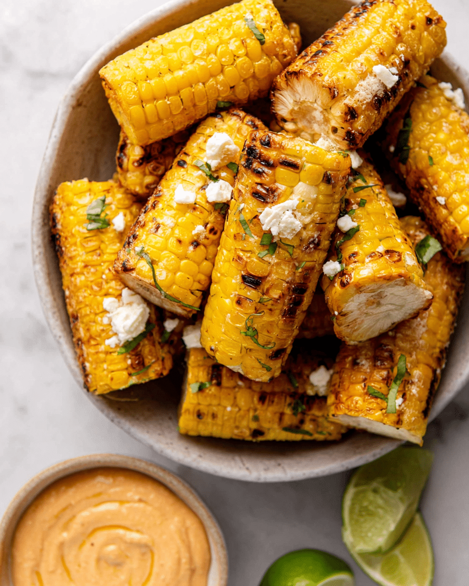 A close-up shot of a bowl filled with several pieces of grilled corn on the cob cut into halves and quarters. The corn kernels are bright yellow with some light char marks, and small bits of white cheese are sprinkled on top, along with tiny green herbs. The bowl itself is white and sits on a white marbled surface. Below the bowl, there is a small white bowl filled with a creamy orange sauce, and a few lime wedges are partially visible on the white marbled surface. photo taken with an iphone --ar 4:5 --v 7