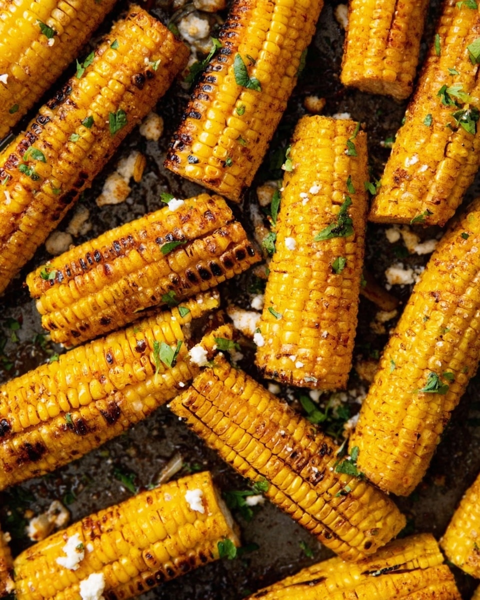 The image shows multiple small corn cobs that have been grilled and cut into sections, laid out closely on a dark cooking tray. Each piece of corn is golden yellow with brown grilled marks, showing a slightly charred texture. Scattered around the corn are small bits of white cheese, green herbs, and some spices, adding color contrast and texture variety. The corn pieces are rotated in different directions, covering most of the visible surface, creating a warm and appetizing look on a white marbled background. photo taken with an iphone --ar 4:5 --v 7
