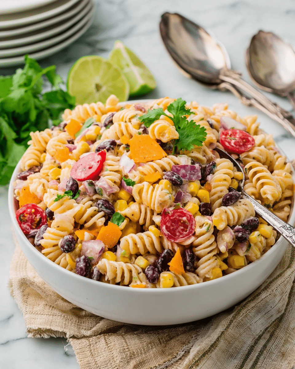 A white bowl filled with creamy spiral pasta salad, showing three main layers: the base layer is light yellow spiral pasta mixed with black beans and chopped orange cheese cubes; the middle layer has halved bright red cherry tomatoes and bits of green herbs mixed throughout; the top layer is garnished with fresh green cilantro leaves placed in the center. The bowl sits on a white marbled surface with lime halves, loose cherry tomatoes, and cilantro sprigs nearby, and vintage silver spoons partly visible in the background. Photo taken with an iphone --ar 4:5 --v 7