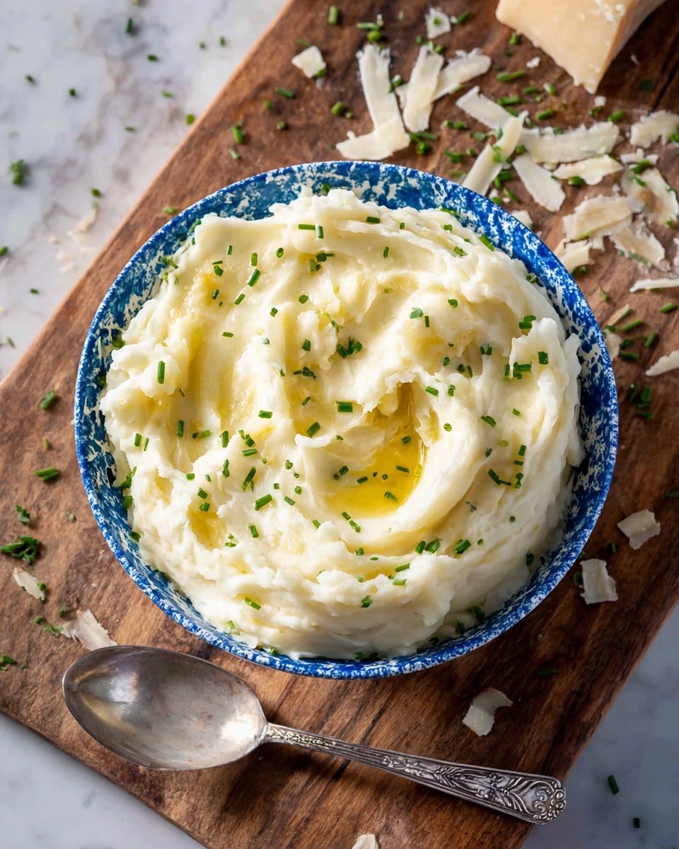 A bowl with blue and white patterns is filled with creamy mashed potatoes that have a soft, fluffy texture. On top, there is melted yellow butter pooling in small areas, thin curls of pale cheese scattered across the surface, and small green chopped chives sprinkled evenly as garnish. The bowl is placed on a wooden board with some cheese curls and chives around. The background is a white marbled texture. photo taken with an iphone --ar 4:5 --v 7