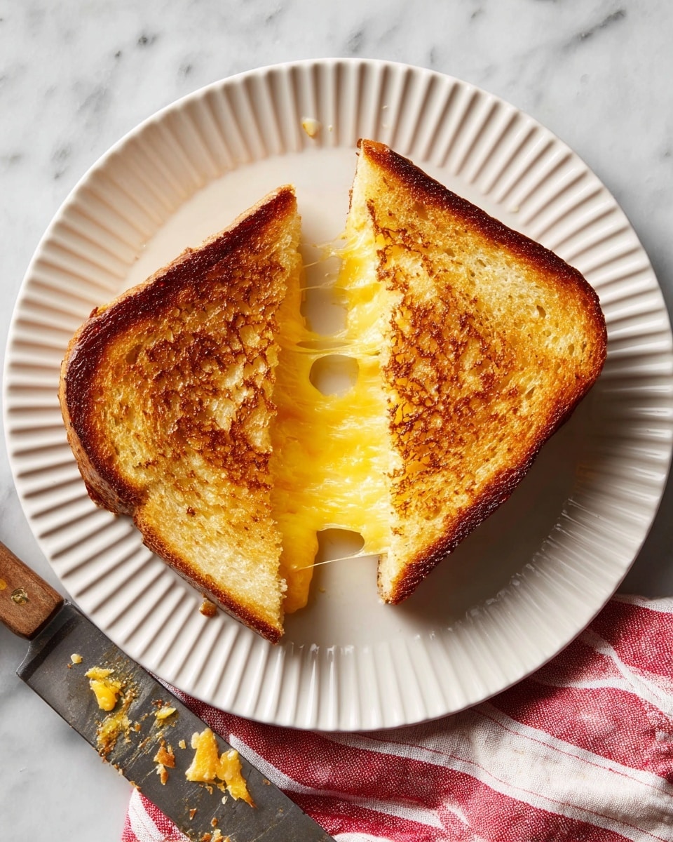 A grilled cheese sandwich cut diagonally into two halves is placed on a white plate with a ridged edge, resting on a white marbled surface. The sandwich’s golden brown toasted bread features a slightly darker crust around the edges and visible butter toasting marks. Between the two bread slices, melted yellow cheese stretches in gooey strands, showing its rich, melty texture. Nearby, a wooden-handled knife with traces of cheese sits on the marble surface, and a red and white striped cloth is partially visible beneath the plate. photo taken with an iphone --ar 4:5 --v 7