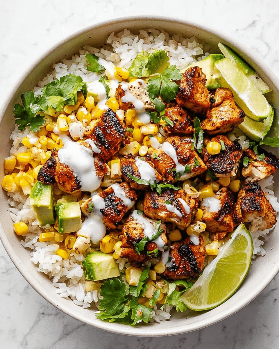 A white bowl on a white marbled surface holds a colorful dish with four main layers: the bottom layer is white rice mixed with bright yellow corn kernels, the middle layer shows grilled chicken pieces with a browned, slightly charred texture and orange spices, the next layer includes thin slices of purple-red onions scattered across, and the top layer is drizzled with a light cream sauce and sprinkled with fresh green cilantro. Two lime wedges sit inside the bowl on the side, and atop the surface around the bowl are small pieces of tortilla chips and green cilantro leaves. photo taken with an iphone --ar 4:5 --v 7
