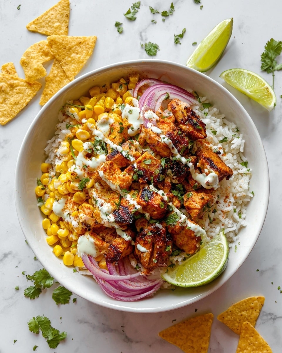A white bowl filled with white rice as the base layer, topped with grilled chicken pieces that have a golden brown color with some charred edges, scattered yellow corn kernels, and chunks of green avocado. Fresh green cilantro leaves are placed on top, and a light drizzle of white sauce is spread over the chicken and other ingredients. A lime wedge sits on the side inside the bowl, all set against a white marbled surface. photo taken with an iphone --ar 4:5 --v 7