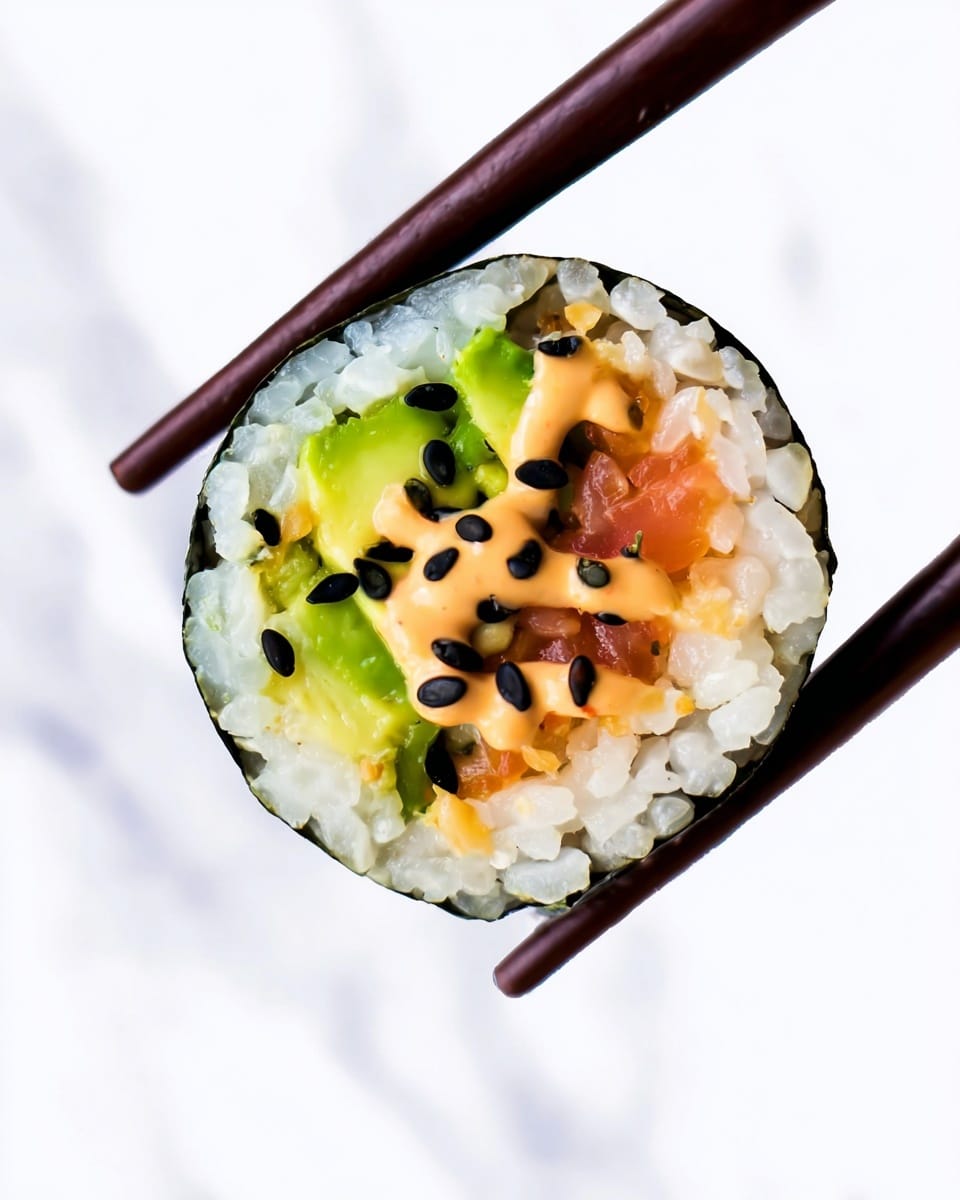 A close-up view of a sushi roll held by dark brown chopsticks, showing three main layers: an outer seaweed wrap in dark green, a thick middle layer of white sticky rice, and inside layers of bright green avocado slices, pale pink fish, and a drizzle of light orange spicy mayo sauce topped with scattered black and white sesame seeds, all set against a white marbled texture background photo taken with an iphone --ar 4:5 --v 7