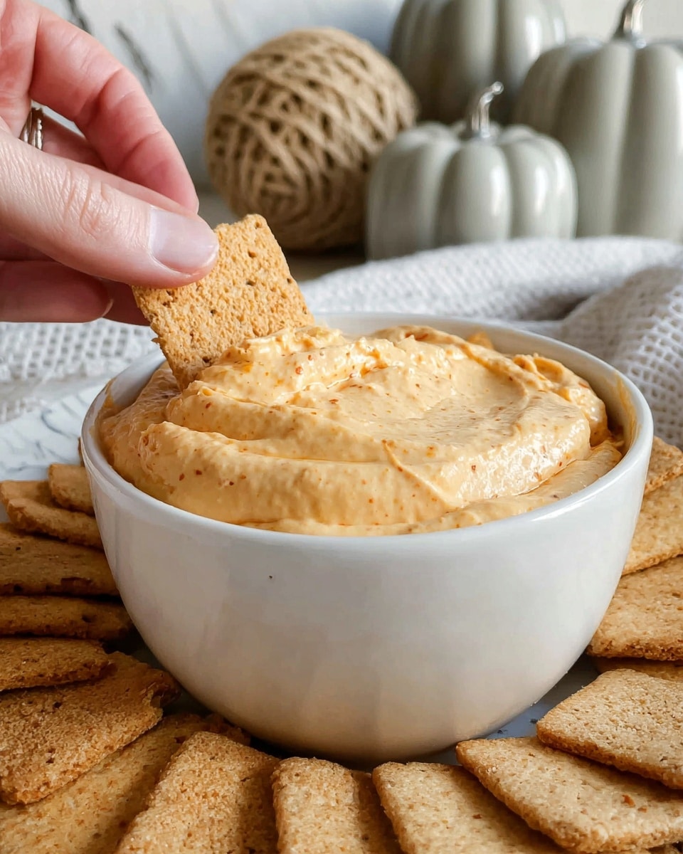A close-up image of a white bowl filled with a thick, creamy dip that is light orange with small specks of seasoning throughout. A woman's hand is dipping a square, light brown cracker with a slightly rough texture into the smooth dip. Around the bowl, there are more of the same crackers arranged in a circular pattern. The background shows a white marbled texture with a woven ball and three light gray pumpkin-shaped ceramic containers, creating a cozy and warm setting. Photo taken with an iphone --ar 4:5 --v 7