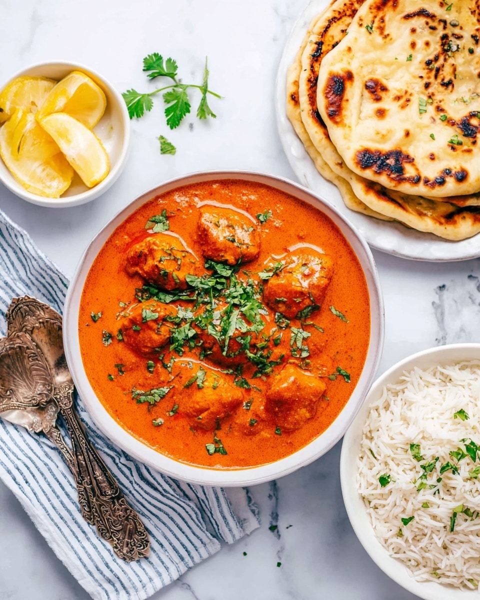Three white bowls each contain two main layers: on one side, bright orange curry with chunks of chicken sprinkled with green cilantro leaves, showing a creamy and slightly textured surface; on the other side, white fluffy basmati rice with thin slices of purple onion placed on top near the edge; one bowl has a piece of browned, soft naan bread resting partly on the curry and rice, and a small wedge of lemon is placed near the onions. The bowls sit on a white marbled surface, with two containers of tomato paste and strained tomatoes in the background. Photo taken with an iphone --ar 4:5 --v 7
