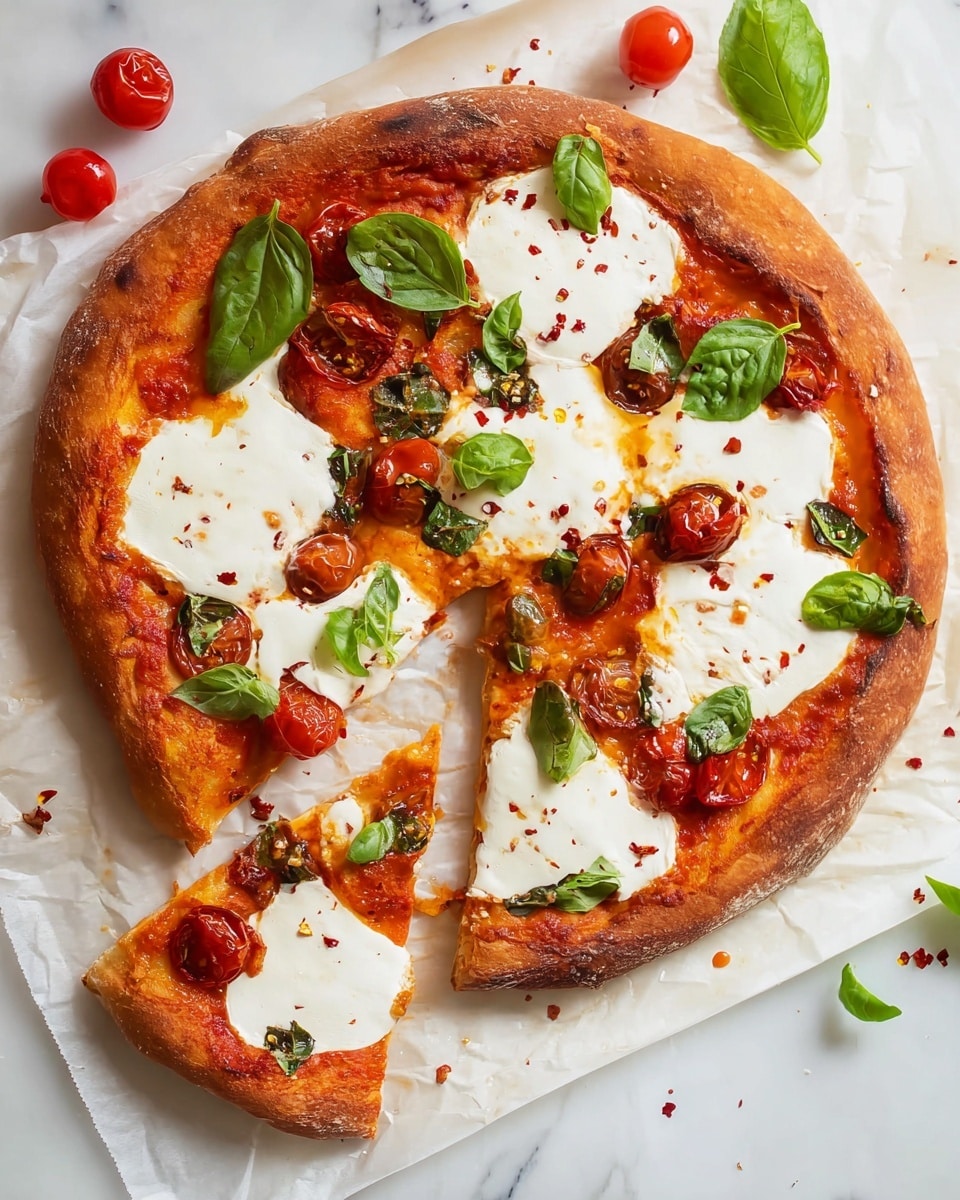 A round pizza with a golden-brown thick crust is placed on white parchment paper over a white marbled surface; it has one slice slightly pulled out. The bottom base is covered with a bright red tomato sauce, topped by large, uneven white melted cheese patches. Scattered on top are shiny red cherry tomatoes, some whole and some halved, and fresh dark green basil leaves spread across the pizza. There are tiny red chili flakes sprinkled lightly on the cheese and sauce. Around the pizza on the marbled surface are a few loose cherry tomatoes and basil leaves. Photo taken with an iphone --ar 4:5 --v 7