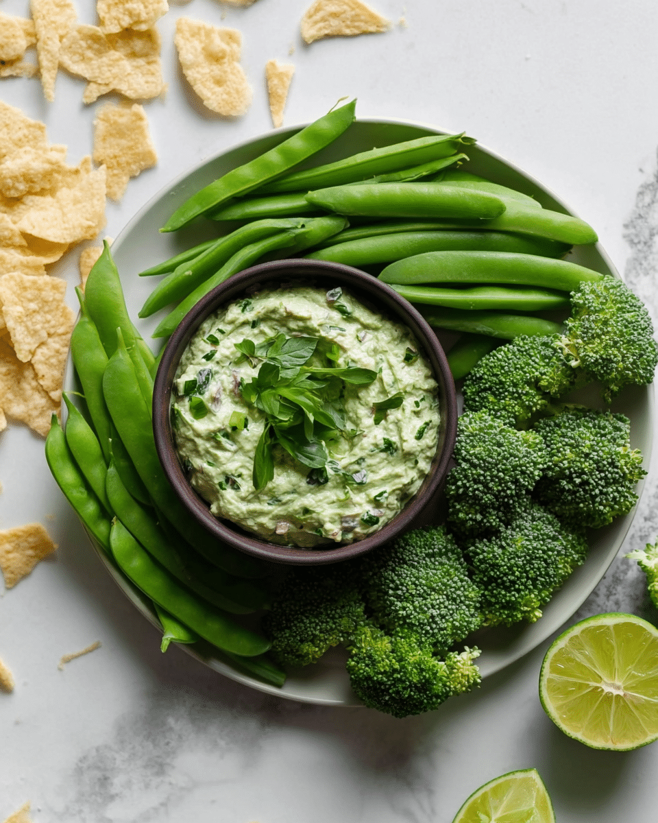A white plate holds a dark bowl filled with a creamy green dip, mixed with small bits of herbs and onion, topped with a few fresh green leaves. Surrounding the bowl are fresh green vegetables arranged neatly: broccoli florets on the right, snap peas on the top left, and long green beans on the bottom left. The plate is set on a white marbled surface with some broken pieces of light tan chips to the top right and half a cut lime at the bottom right. photo taken with an iphone --ar 4:5 --v 7