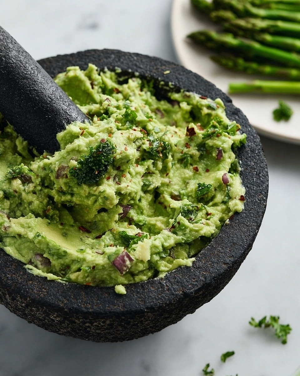 A rough black stone bowl filled with chunky, pale green guacamole mixed with small pieces of red onion and fresh green herbs spread unevenly across the surface. The guacamole has a creamy, slightly textured look with visible bits of avocado and herb leaves sprinkled on top. A matching black stone pestle rests inside the bowl, partially covered in the guacamole. In the background, a white marbled surface holds a white plate with vibrant green broccoli and asparagus spears, blurred softly to keep focus on the guacamole. A few small green herb leaves are scattered around the bowl. Photo taken with an iphone --ar 4:5 --v 7