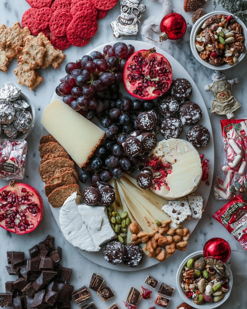 A large white plate holds layers of different cheeses: a thick, pale wedge with a red rind on the right, a soft white round with bits inside near the center, and two other creamy white blocks below and to the left. Around the cheeses are scattered dark grapes, bright red cranberries, pistachios, and slices of fruit and nut bread placed in small groups. To the top left and bottom right of the plate are clusters of red, round crackers. Near the center are dark chocolates, some round with white sprinkles, and several small chocolate cups arranged in two neat rows. There are also gingerbread-shaped cookies in light brown, white peppermint bark with red specks in wavy, flat pieces, and fresh pomegranate halves placed near the top edge and lower right side of the plate. Two white bowls sit nearby, one with mixed nuts and the other with dark chocolate-covered treats. A few candy canes, various dark chocolate bars wrapped in shiny paper, and a festive red ornament complete the spread, all set on a white marbled texture. Photo taken with an iphone --ar 4:5 --v 7