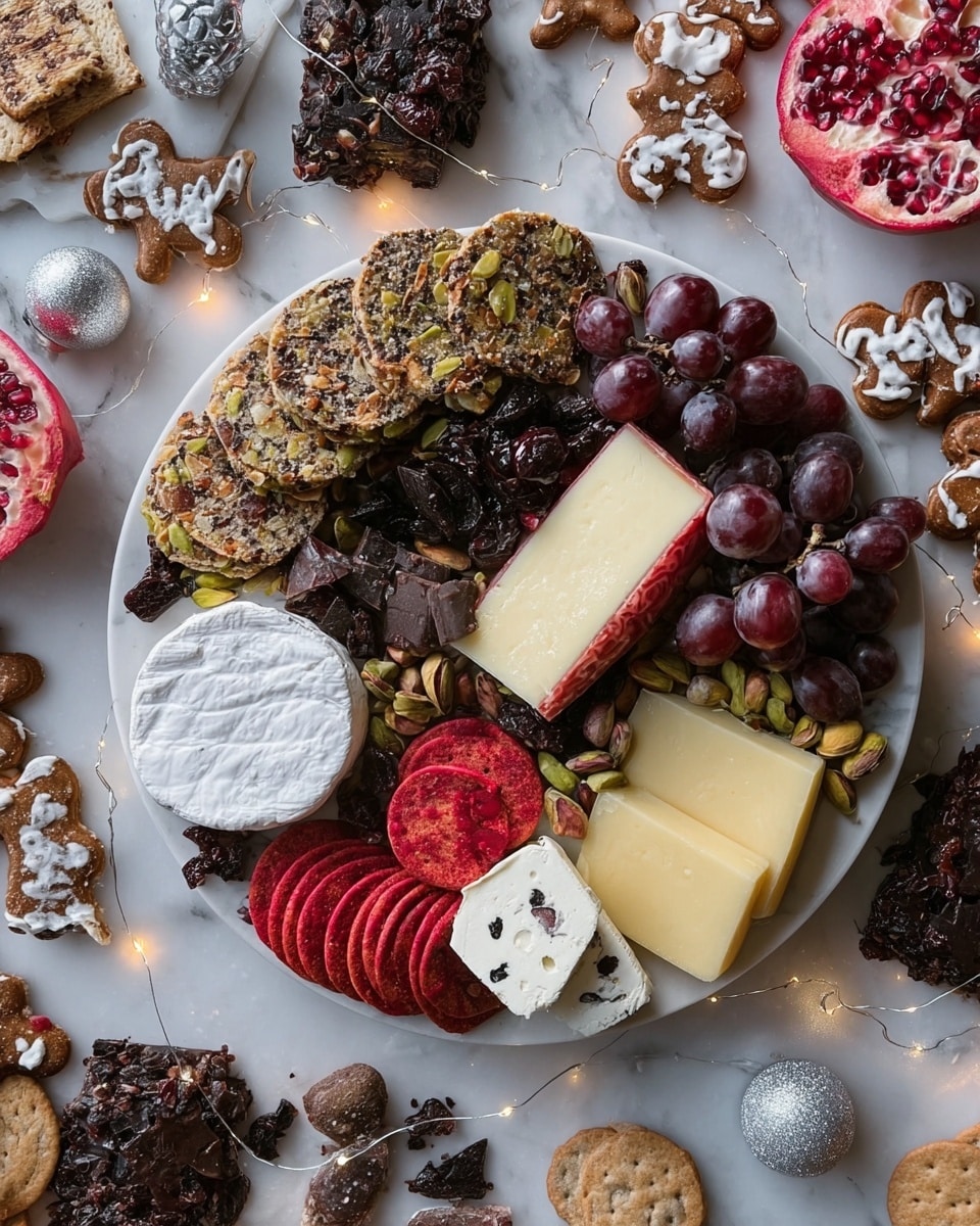 A white round plate holds a layered snack board with several distinct sections: at the top near the center are light brown toasted nut breads sprinkled with seeds, scattered pistachios beside them; to the right, a large block of pale yellow cheese with a thin red rind, surrounded by dark grapes and fresh bright red cranberries; below the cheese, a smaller white cheese block with a soft texture sits near more toasted nut breads; near the bottom center, thin round red crackers are stacked neatly; to the left of the crackers, there is a round cheese with small dark bits inside; pomegranate seeds spill from open pomegranate halves placed at the edges; around the plate on the white marbled surface are dark chocolate pieces, white pretzels with red bits, gingerbread cookies shaped like gingerbread men, dark coated nuts, and pistachios spread loosely; soft string lights and silver decorative balls add a festive touch. The whole scene looks rich in colors and textures. photo taken with an iphone --ar 4:5 --v 7