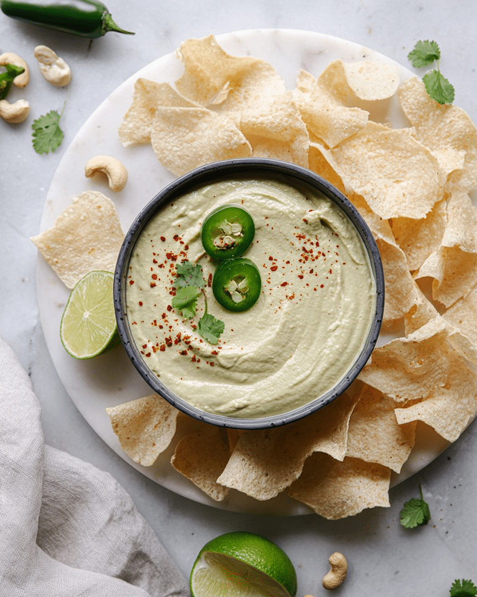 A close-up top view of a bowl filled with creamy light green dip, topped with two thin slices of green chili and a few fresh cilantro leaves, sprinkled lightly with red chili powder. The bowl is placed on a round white marble board surrounded by thin, crispy, pale beige chips arranged in a loose circle around the bowl. Scattered around on the white marbled background are whole and half cut green chilies, lime wedges, and a few cashew nuts, adding color and texture to the scene. The image has soft natural light and a clean, simple layout. photo taken with an iphone --ar 4:5 --v 7