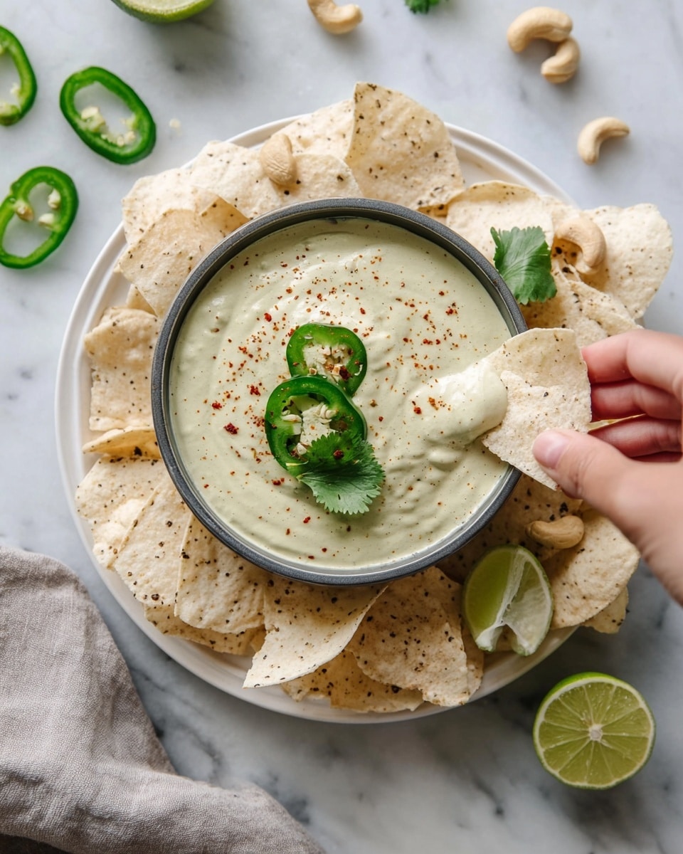 A bowl of creamy light green dip sits in the middle of a white round plate, surrounded by several light beige tortilla chips with speckles. The dip has a smooth texture and is topped with two slices of green jalapeño and fresh cilantro leaves, along with a sprinkle of reddish seasoning. Around the plate are halved green jalapeños, scattered cashew nuts, and lime wedges. A woman's hand is dipping one tortilla chip into the creamy dip. The whole setup is placed on a surface with white marbled texture. photo taken with an iphone --ar 4:5 --v 7