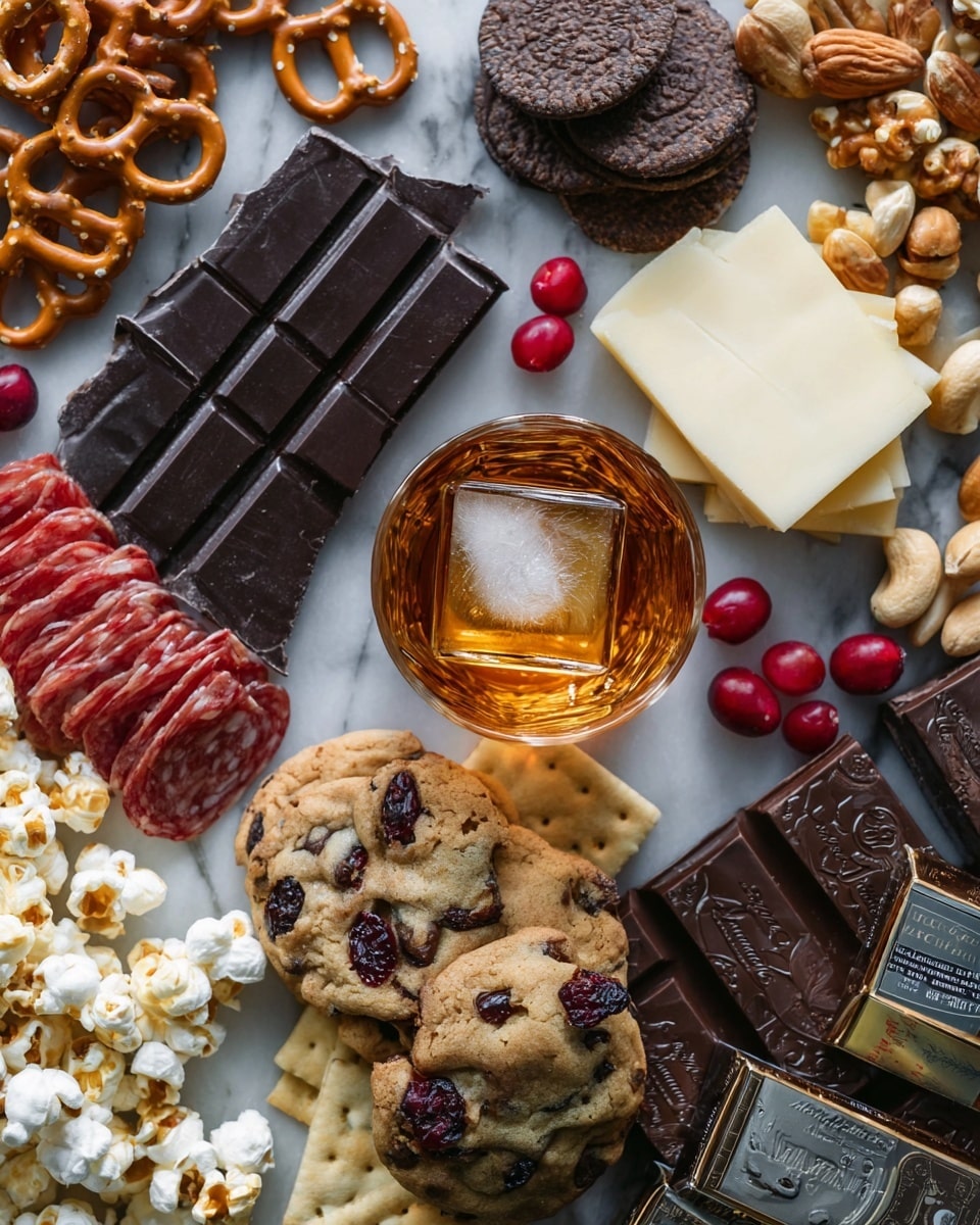 A top view of a snack spread on a white marbled surface featuring layers of different foods: in the center is a clear glass filled with amber liquid and a large ice cube; around it to the right are three chunky cookies with chocolate chips and dried cranberries on top, and scattered fresh cranberries; above the glass are round dark chocolate disks, golden brown salted pretzels, and stacked slices of reddish salami; to the left are a dark chocolate bar with a grid pattern, broken pieces of chocolate, creamy white cheese rounds, and thin, crispy seeded crackers laid out in overlapping layers; scattered throughout are caramel popcorn, dark chocolate-covered nuts or coffee beans, and whole cashews; two dark chocolate bars with labels sit at the bottom right next to some apple slices. Photo taken with an iphone --ar 4:5 --v 7