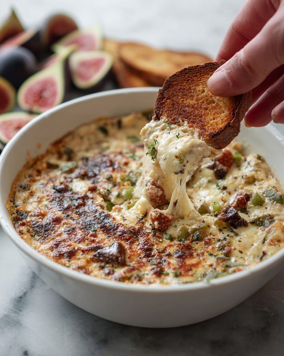 A white bowl filled with a creamy, cheesy dip that has a light golden-brown top with darker toasted spots, mixed with herbs and small chunks of green vegetables. On one side of the bowl, there are small pieces of fresh figs with pink flesh and green skin. A toasted brown bread slice is being dipped into the thick, melted cheese, which is stretching and showing its gooey texture. The bowl is placed on a white marbled surface. A woman's hand holds the bread slice. photo taken with an iphone --ar 4:5 --v 7