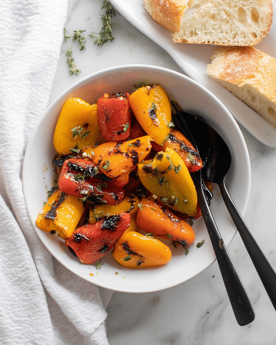 A white bowl filled with grilled mini bell peppers in orange, yellow, and red colors, each piece showing black char marks and a slightly shiny texture from oil, some small green herb leaves sprinkled on top, placed on a white plate, with a black fork and spoon resting on the right side inside the bowl. Next to the plate, torn pieces of light brown crusty bread are on a white marbled surface, along with a soft white cloth napkin on the left upper side. photo taken with an iphone --ar 4:5 --v 7
