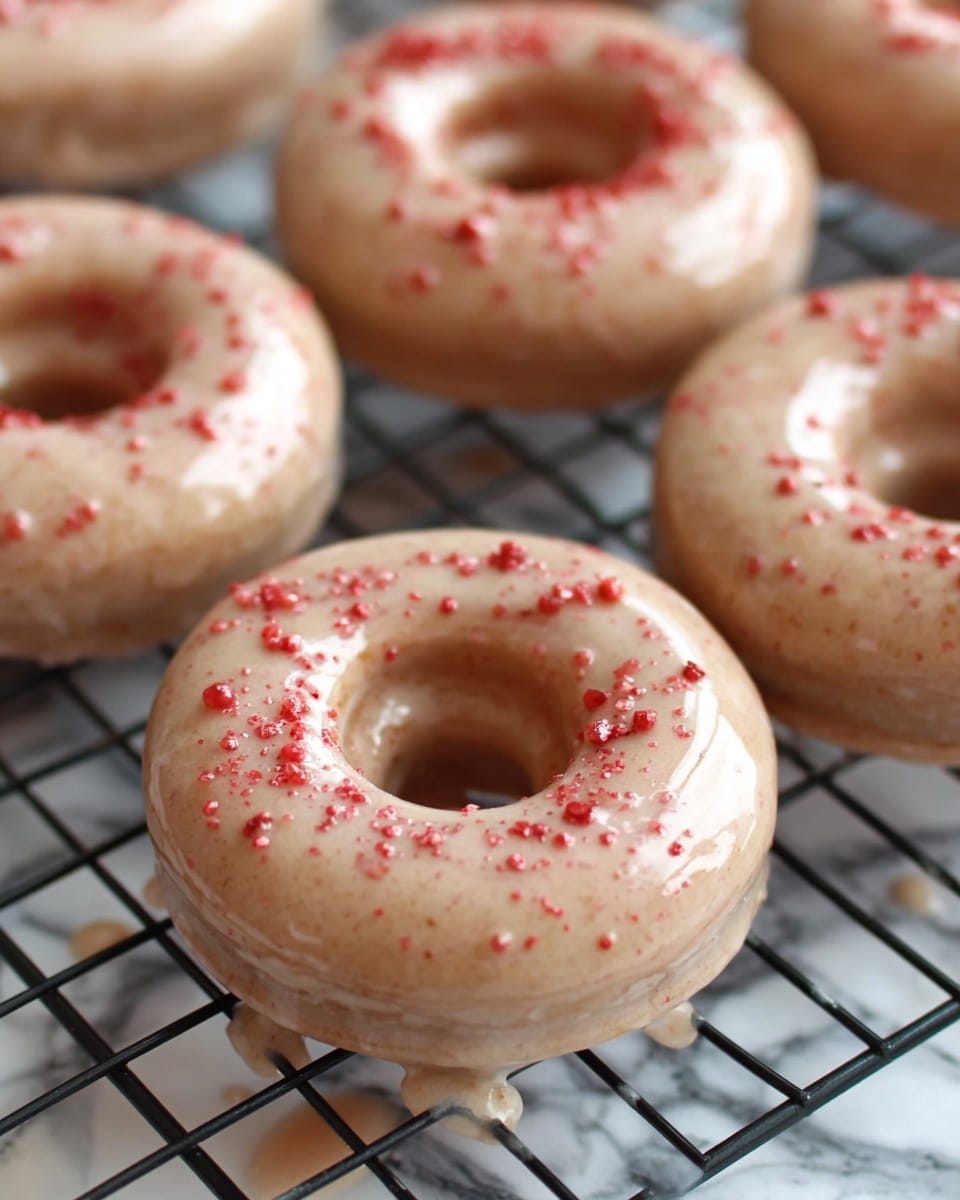A stack of five round donuts with a light pink glaze that drips slightly over the edges, each donut evenly coated and sprinkled with tiny red bits. They are stacked vertically on a white marbled surface, surrounded by red and white rose petals and some crushed red sprinkles scattered around. The background is softly blurred with light colors, including a white marbled texture and vague shapes of glass and greenery. photo taken with an iphone --ar 4:5 --v 7