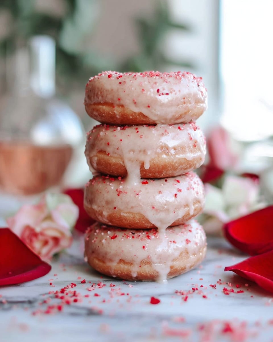 The image shows several light brown glazed donuts with a smooth, shiny coating that looks slightly sticky. Each donut has a round shape with a hole in the middle, and is sprinkled with small red crumbs on top. They are placed on a black cooling rack with some drips of glaze underneath. The background is a white marbled texture. photo taken with an iphone --ar 4:5 --v 7