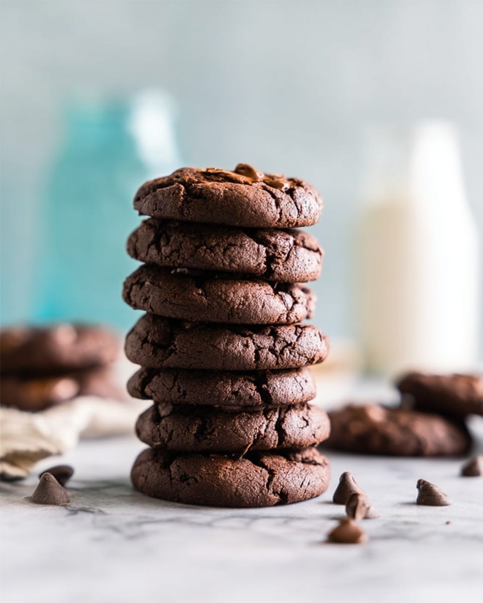 A collection of dark brown chocolate cookies with visible chocolate chips scattered on a white marbled surface; some cookies are whole while a few are broken, showing a dense, soft interior. Near the cookies, there are small piles of loose chocolate chips and a white bowl filled with more chips. A textured light blue glass cup filled with milk is placed near the top left, while at the top right, there is a white bowl with creamy peanut butter and a spoon inside it. A spoon with a dollop of peanut butter lies near the bottom right beside the cookies, and a white cloth is partly visible at the top. photo taken with an iphone --ar 4:5 --v 7