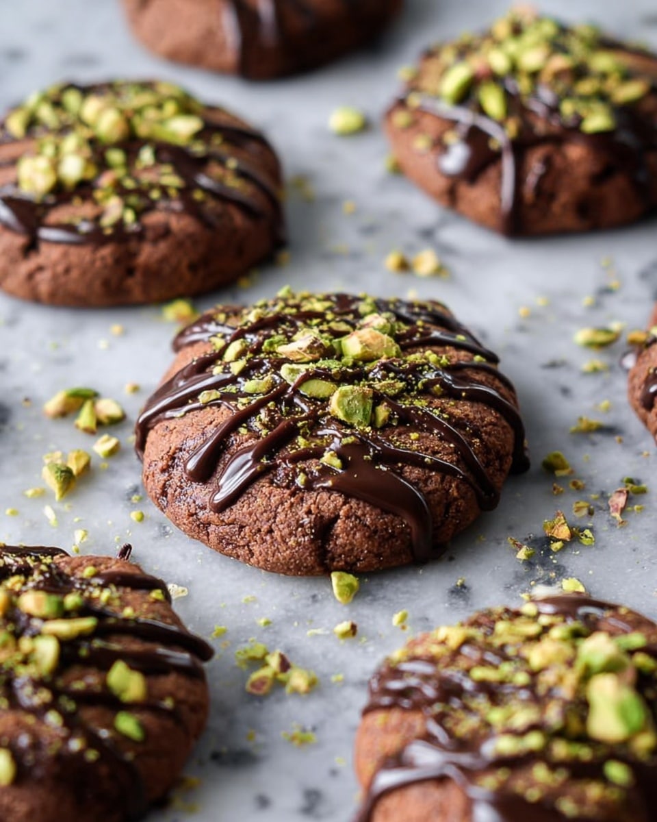 The image shows several round chocolate cookies on a white marbled surface, each cookie thick and rich brown in color with a slightly cracked texture. The cookies are drizzled with dark chocolate, creating thin shiny lines across their tops. They are sprinkled with crushed green and brown pistachio pieces, some larger chunks and some fine bits, scattered on and around the cookies. The cookies are spaced out with some blurry out-of-focus cookies in the background giving depth. The scene looks fresh and inviting with a soft light enhancing the shine on the chocolate drizzle. photo taken with an iphone --ar 4:5 --v 7