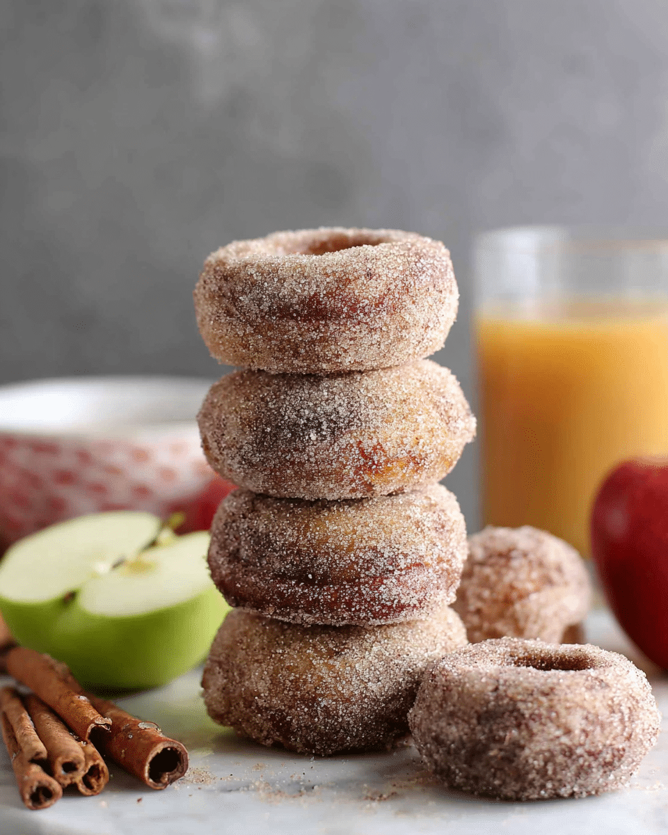 A tall stack of five round, brown doughnuts covered with a rough layer of sugar and cinnamon sits in the center on a white marbled surface. Around the base, there are several small, round doughnut holes with the same sugar coating. To the front left, green apple halves and cinnamon sticks add color, while to the right, a partial view of a red apple is visible. In the background, a full glass of light orange juice and a white bowl with red pattern are softly out of focus. The scene is simple with a blurred gray backdrop. photo taken with an iphone --ar 4:5 --v 7