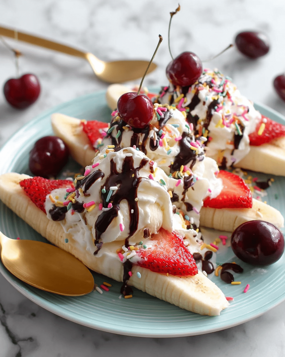 Two banana splits are shown on a white marbled surface with a light gray cloth. The main banana split is on a white plate with raised dotted edges, featuring one split banana as the base, sliced in half lengthwise. On top, there are three scoops of creamy vanilla ice cream covered with thin, dark chocolate syrup drizzles. Colorful sprinkles are scattered over the ice cream, and sliced strawberries and dark cherries with stems are placed on the sides. Behind it, another banana split on a plain white plate has a banana base with ice cream scoops, drizzled with dark chocolate syrup and crushed nuts sprinkled on top. A white bowl filled with multicolor sprinkles is partially visible to the side, and some sprinkles are scattered over the surface around the plates. photo taken with an iphone --ar 4:5 --v 7