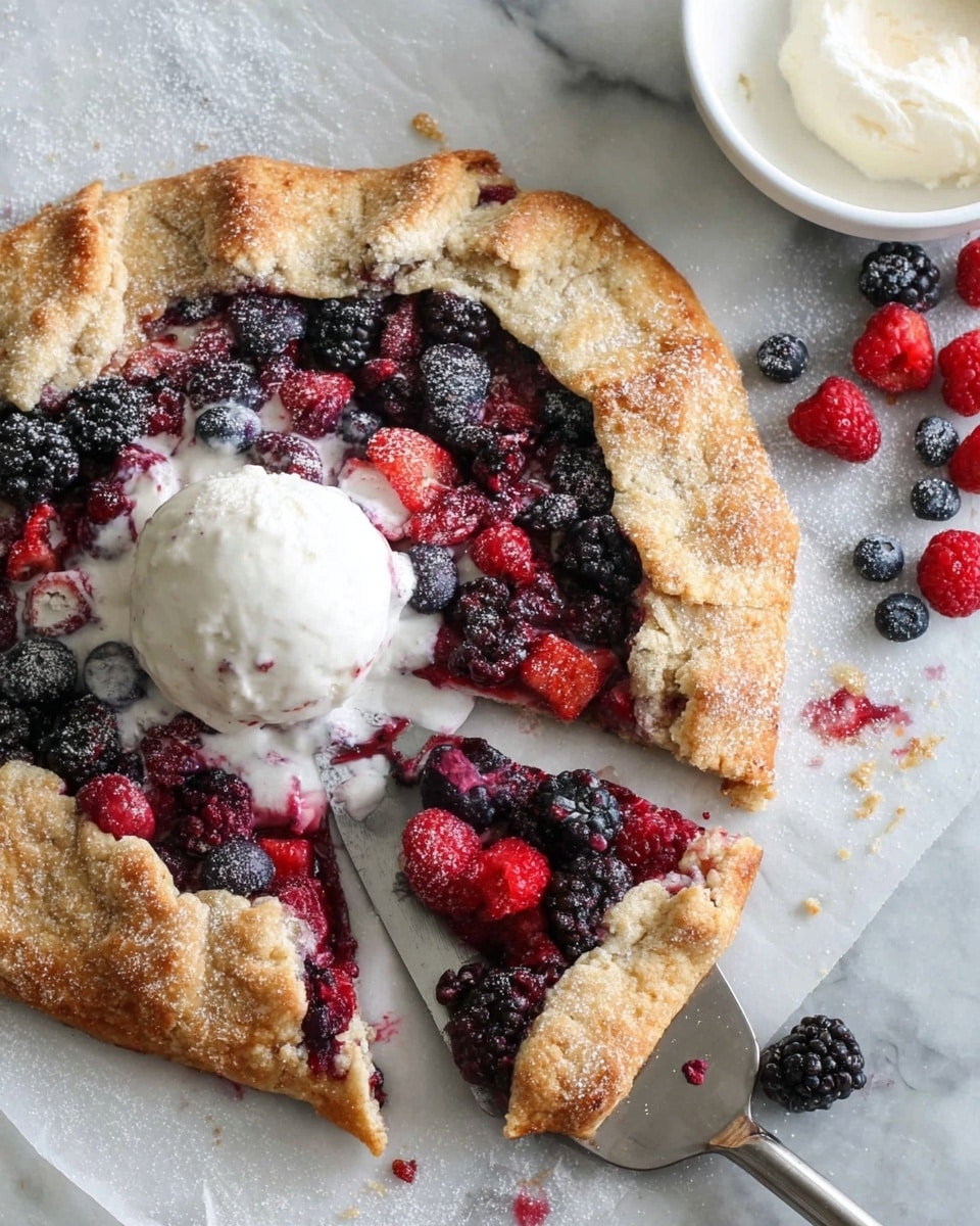 The image shows a rustic berry galette on a white marbled surface, with one slice cut and slightly pulled out by a metal spatula. The crust is golden-brown, flaky, and sprinkled with coarse sugar, forming one thick outer layer folded inward over the fruit filling. Inside, there is a colorful mix of whole and cut berries including blackberries, blueberries, raspberries, and strawberries in vibrant purple, blue, red, and pink shades, creating a juicy textured layer. A large scoop of white creamy ice cream sits melted in the center on top of the berries, adding a smooth, soft layer that contrasts with the crust and fruit. Nearby, there is a white bowl of extra ice cream and scattered berries on the surface. photo taken with an iphone --ar 4:5 --v 7