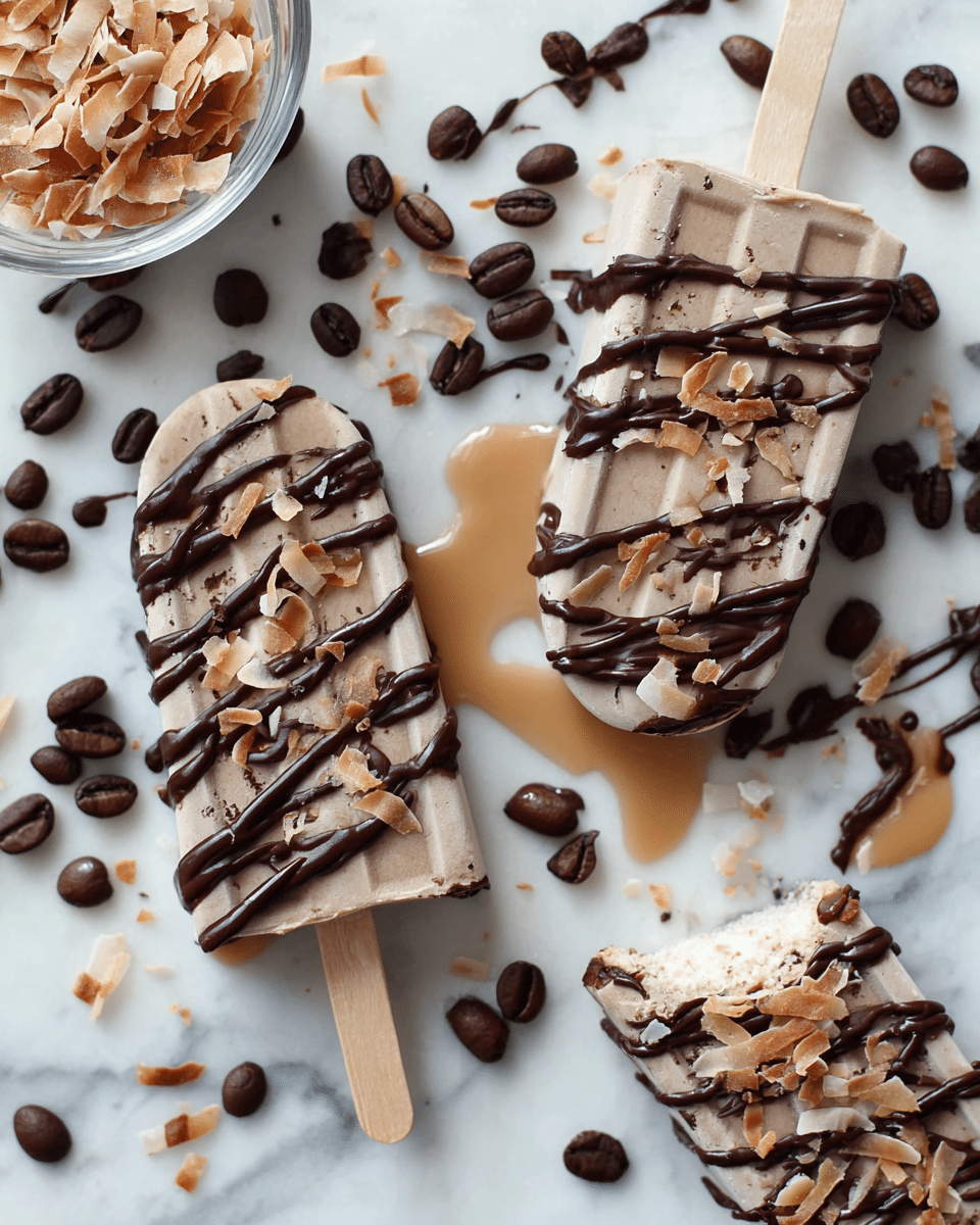 Two popsicles lie on a white marbled surface, each with a smooth light brown layer as the base, covered by dark brown chocolate drizzle streaks across the top, garnished with small crunchy toasted coconut flakes. One popsicle is intact while the other is partially eaten on the right side, showing the creamy texture inside. Scattered around the popsicles are roasted dark brown coffee beans and more toasted coconut flakes, with a small light tan coffee-colored liquid spill near the center. A clear glass bowl filled with more toasted coconut flakes is partially visible at the top left corner photo taken with an iphone --ar 4:5 --v 7