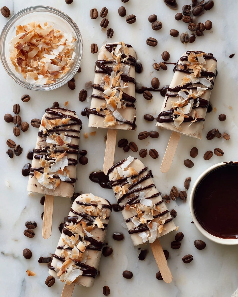 Five creamy light brown coffee-flavored ice cream bars on wooden sticks lie flat on a white marbled surface. Each bar is decorated with thin, irregular dark chocolate drizzle across the top and scattered toasted coconut flakes that are light golden brown and white. Around the ice cream bars are many dark brown coffee beans spread randomly. A clear glass bowl filled with toasted coconut flakes is visible in the upper left corner, and the bottom right corner shows a white bowl containing melted dark chocolate. The overall look is a mix of smooth, crunchy, and glossy textures in warm neutral tones. photo taken with an iphone --ar 4:5 --v 7