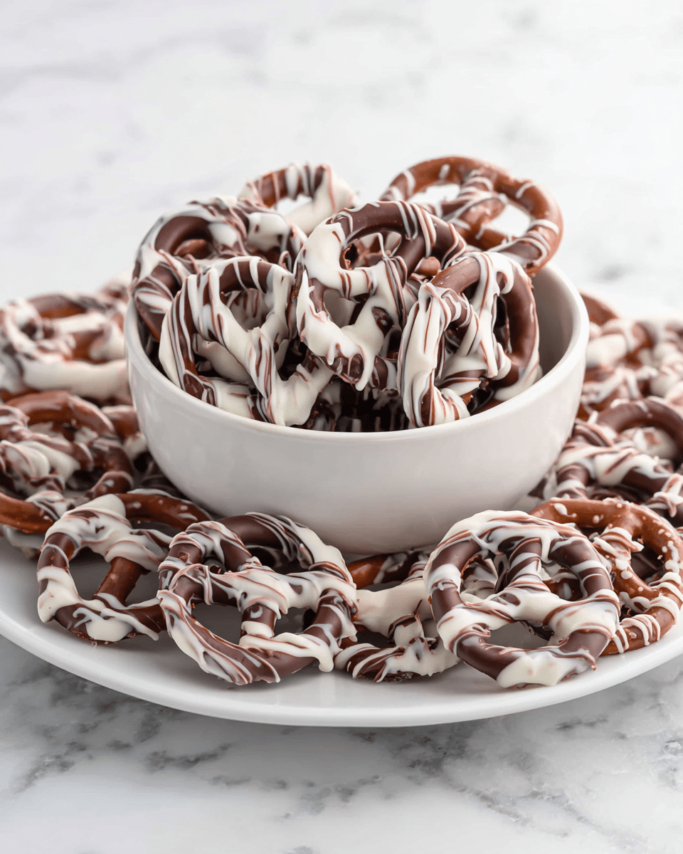 A white bowl filled with twisted pretzels coated in layers of dark and white chocolate, each pretzel showing a mix of smooth dark brown and creamy white surfaces drizzled with contrasting thin lines of the opposite chocolate. The bowl stands on a white plate that is full of more chocolate-covered pretzels arranged loosely, spreading outwards with the same color pattern and textures. The background is a white marbled surface that adds light reflections to the shiny chocolate coating, creating a clean and inviting look. photo taken with an iphone --ar 4:5 --v 7
