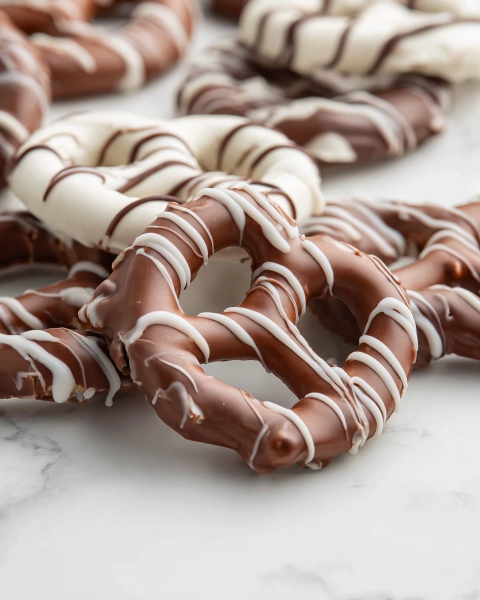 The image shows a close-up of several pretzels coated in two types of smooth chocolate layers: one layer is milk chocolate covering the whole pretzel with a light brown, creamy texture, and the second layer is white chocolate drizzled in thin lines across the milk chocolate, creating a striped look. In the background, some pretzels are fully coated in white chocolate with thin milk chocolate drizzles in darker brown, adding contrast. All pretzels lie directly on a white marbled surface, arranged casually with one milk chocolate pretzel in sharp focus at the center. Photo taken with an iphone --ar 4:5 --v 7