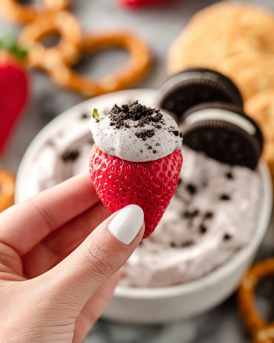 A bright red strawberry topped with light gray creamy dip speckled with small dark crumbs is held by a woman's hand with a white-painted fingernail. In the blurred background, there is a white bowl filled with the same light gray creamy dip, garnished with two halved black-and-white sandwich cookies and scattered dark crumbs. The setting includes a white marbled surface with pretzels and whole sandwich cookies partially visible around the bowl. Photo taken with an iphone --ar 4:5 --v 7