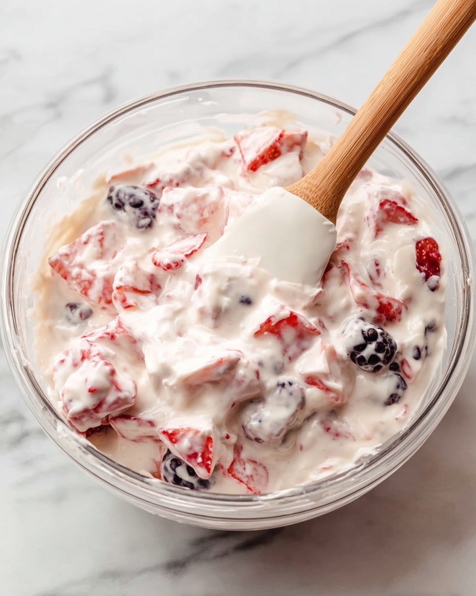 A clear glass bowl sits on a white marbled surface, filled with a creamy mixture of white yogurt or cream with soft, pinkish chunks of strawberries and whole blackberries. The texture looks thick and smooth with small lumps from the fruit pieces. A wooden spatula with a white silicone tip rests in the bowl, partially dipped into the creamy fruit mix. The mix is evenly spread with some berries visible near the top layer. photo taken with an iphone --ar 4:5 --v 7