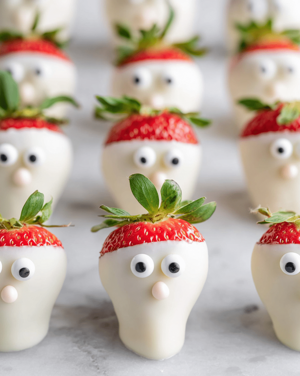 A group of strawberries coated in smooth white chocolate stand upright on a white marbled surface. Each strawberry has a red top with green leaves, while the rest of the strawberry is covered in white chocolate that forms a rounded shape with two small round eyes made from white and black candy, and a small circular nose detail made from the same white coating. The strawberries are arranged in rows, with their green leafy tops clearly visible and contrasting against the white chocolate. Photo taken with an iphone --ar 4:5 --v 7