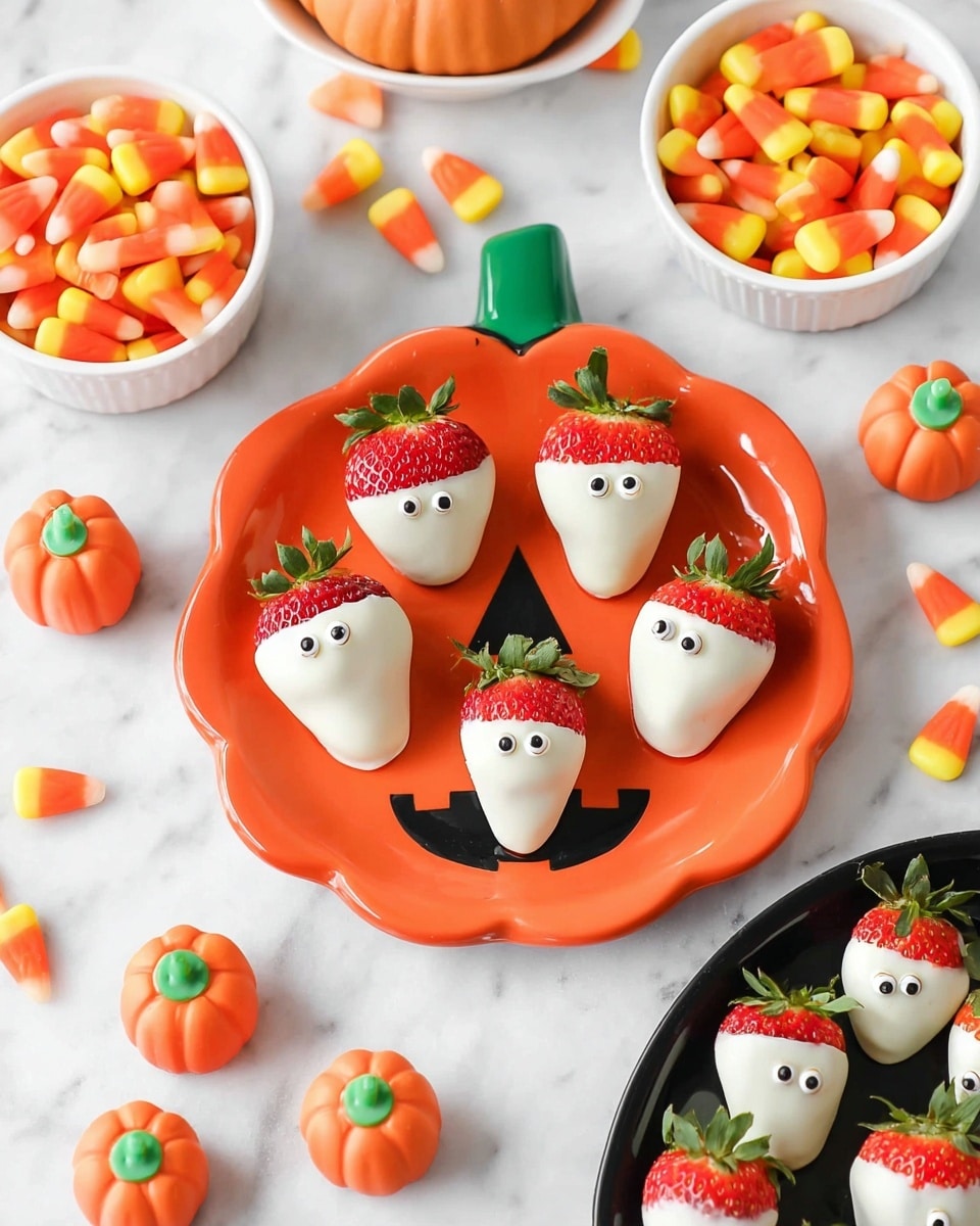The image shows six strawberries dipped in white chocolate arranged on an orange pumpkin-shaped plate with a black face design. Each strawberry has a red top with green leaves and adorable small candy eyes placed on the white chocolate to look like faces. The plate sits on a white marbled surface, surrounded by small orange pumpkin-shaped candies with green tops scattered around. There are also two white bowls in the background, one filled with orange pumpkin-shaped candies and the other filled with candy corn in yellow, orange, and white colors. On the right side, a black plate holds more white chocolate-covered strawberries with similar candy eyes. Photo taken with an iphone --ar 4:5 --v 7