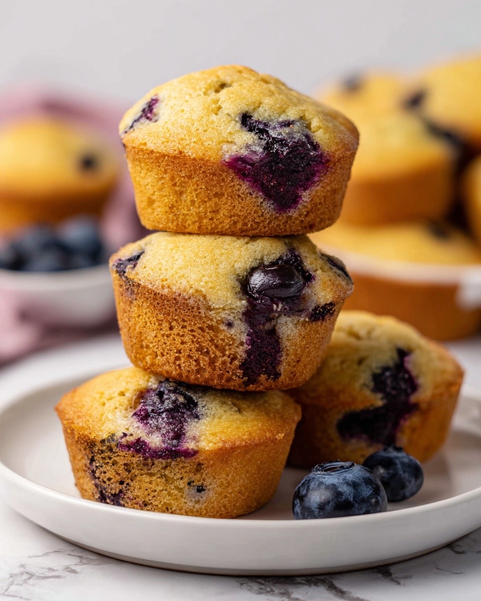 The image shows four golden-brown blueberry muffins stacked on a white plate, each muffin with a soft, spongy texture and a slightly domed top with a light crust. The muffins have visible dark purple blueberries embedded throughout, some bursting and oozing slightly. Two whole blueberries are placed beside the plate on a white marbled surface, adding a fresh touch. The background is softly blurred with a hint of another plate of muffins. The lighting highlights the texture and color contrast between the golden muffins and the rich blue-purple berries. Photo taken with an iphone --ar 4:5 --v 7