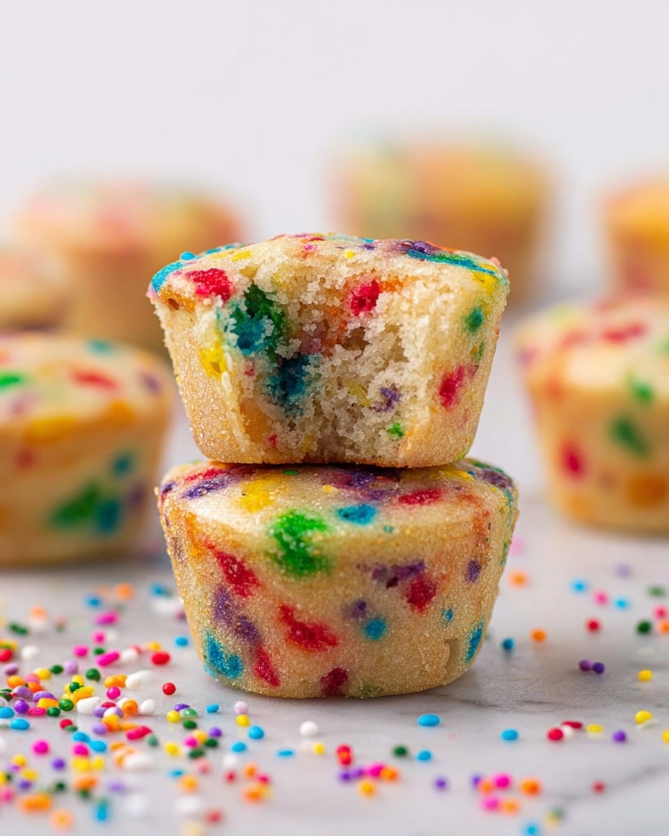 Two colorful mini muffins are stacked vertically on a white marbled surface, with the top one having a bite taken out to show its soft, light beige inside filled with vibrant red, green, blue, purple, and yellow sprinkles. The bottom muffin is whole, displaying a slightly textured top and the same rainbow sprinkle pattern throughout its surface. Around them, several more mini muffins and scattered sprinkles blur softly in the background, creating a lively and fun atmosphere. photo taken with an iphone --ar 4:5 --v 7